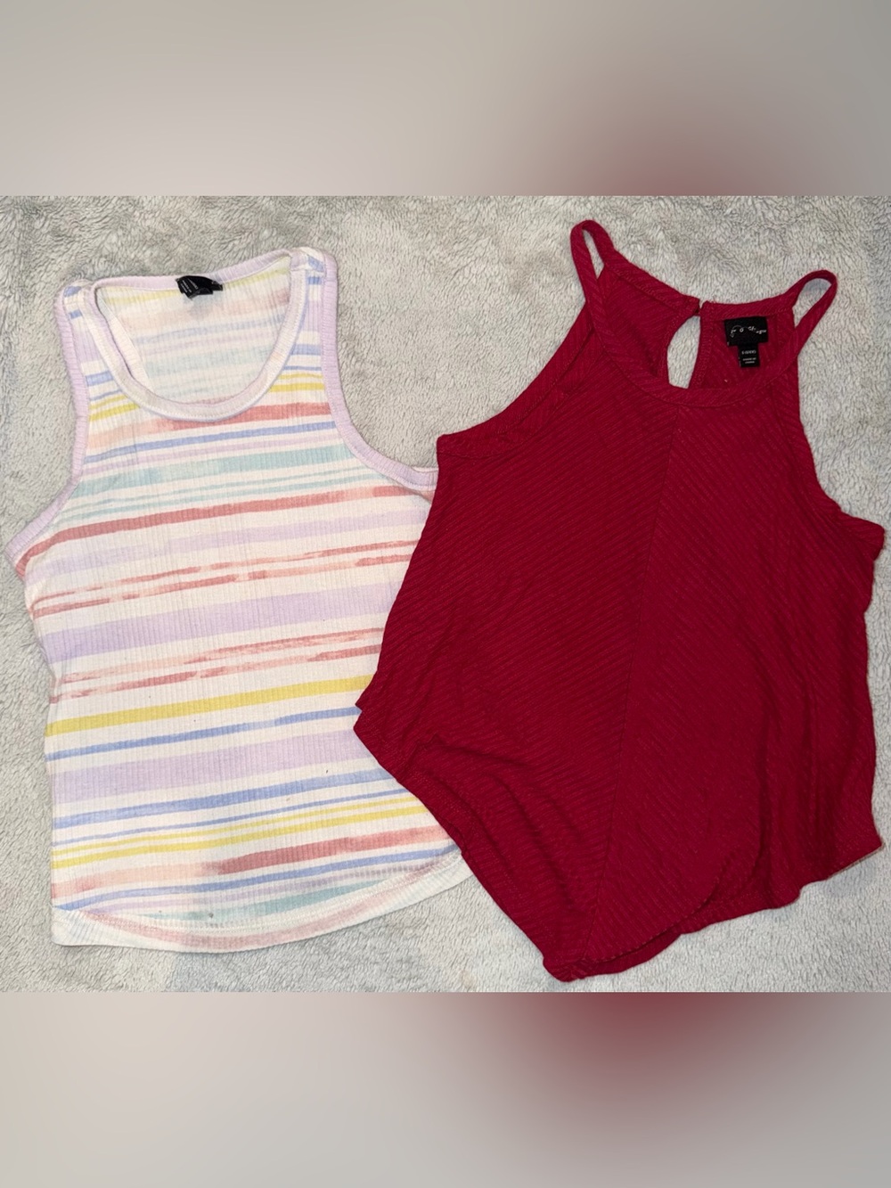 Set of Two girl’s ArtClass Tank Tops - Multicolor Striped + Deep Red